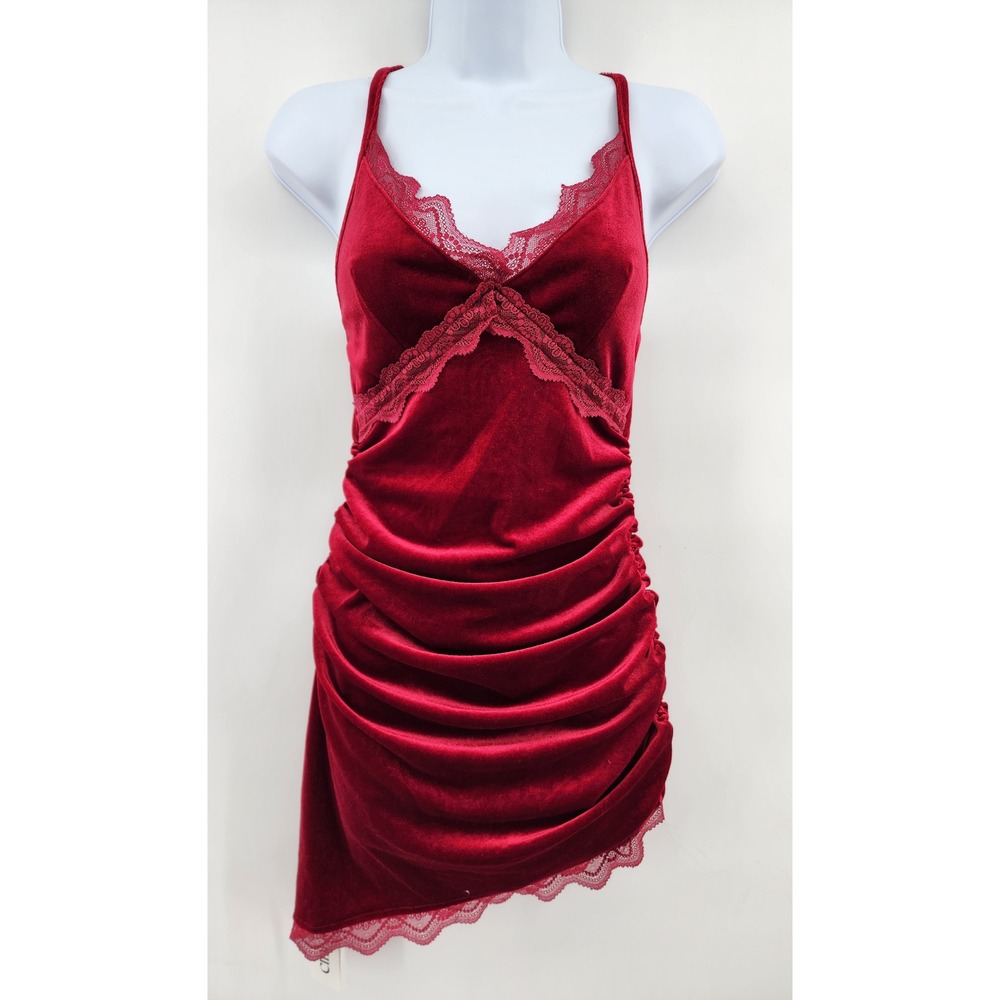 Cider Red Velvet Lace Trim Ruched Asymmetrical Mini Dress Size S